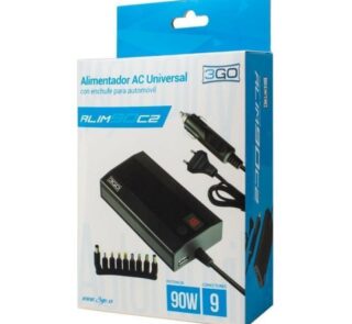 Cargador de Portátil 3GO Alim90C2/ 90W/ Manual/ 9 Conectores/ Voltaje 12-20V/ 1 USB/ con Adaptador para Coche