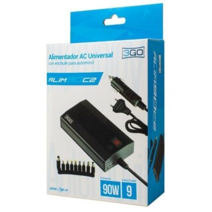 Cargador de Portátil 3GO Alim90C2/ 90W/ Manual/ 9 Conectores/ Voltaje 12-20V/ 1 USB/ con Adaptador para Coche