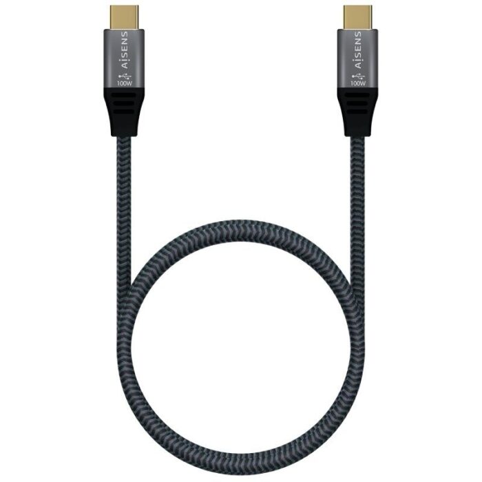 Cable USB 2.0 Tipo-C Aisens A107-0628 5A 100W/ USB Tipo-C Macho - USB Tipo-C Macho/ Hasta 100W/ 60Mbps/ 1m/ Gris