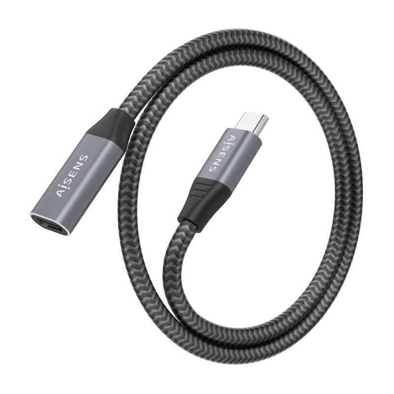 Cable Alargador USB 3.2 Aisens A107-0760/ USB Tipo-C Macho - USB Tipo-C Hembra/ Hasta 100W/ 20Gbps/ 50cm/ Gris