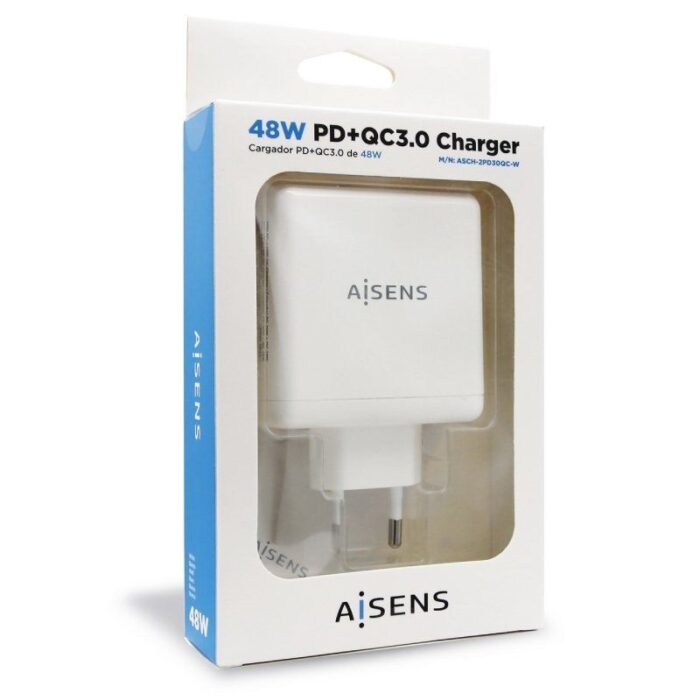 Cargador de Pared Aisens ASCH-2PD30QC-W/ 1xUSB Tipo-C/ 1x USB/ 48W
