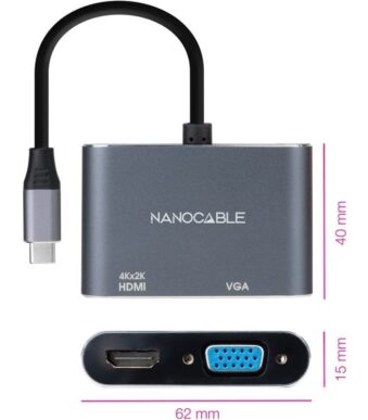 Conversor Nanocable 10.16.4303/ USB Tipo-C Macho/ HDMI Hembra - VGA Hembra/ 15cm/ Gris