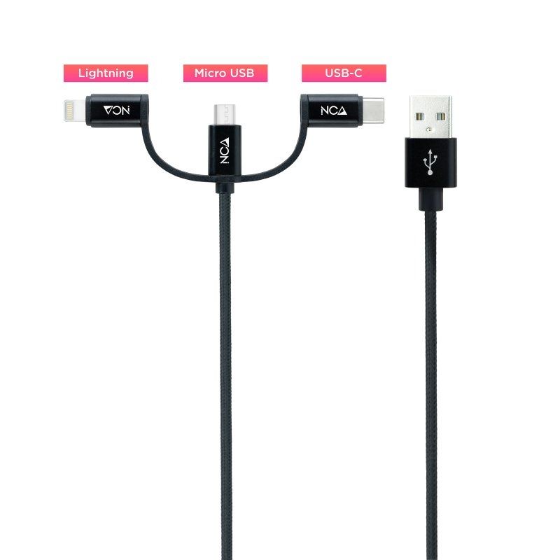 Cable USB 2.0 Nanocable 10.01.3200/ Lightning Macho - Micro USB Macho/ USB Tipo-C Macho/ 1m/ Negro
