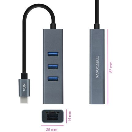 Hub USB Tipo-C Nanocable 10.03.0408/ 3xUSB/ 1xRJ45/ Gris