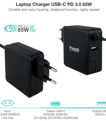 Cargador de Portátil TooQ TQLC-USBC65PD USB Tipo-C/ 65W/ Automático/ Voltaje 5-20V/ 1x USB