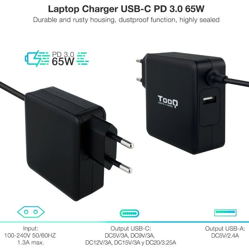 Cargador de Portátil TooQ TQLC-USBC65PD USB Tipo-C/ 65W/ Automático/ Voltaje 5-20V/ 1x USB