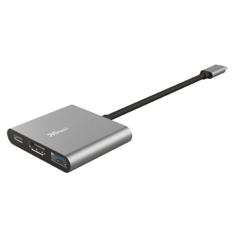 Conversor Trust Dalyx 3 IN 1/ USB Tipo-C Macho - HDMI Hembra/ USB/ USB Tipo-C PD/ 10cm/ Gris