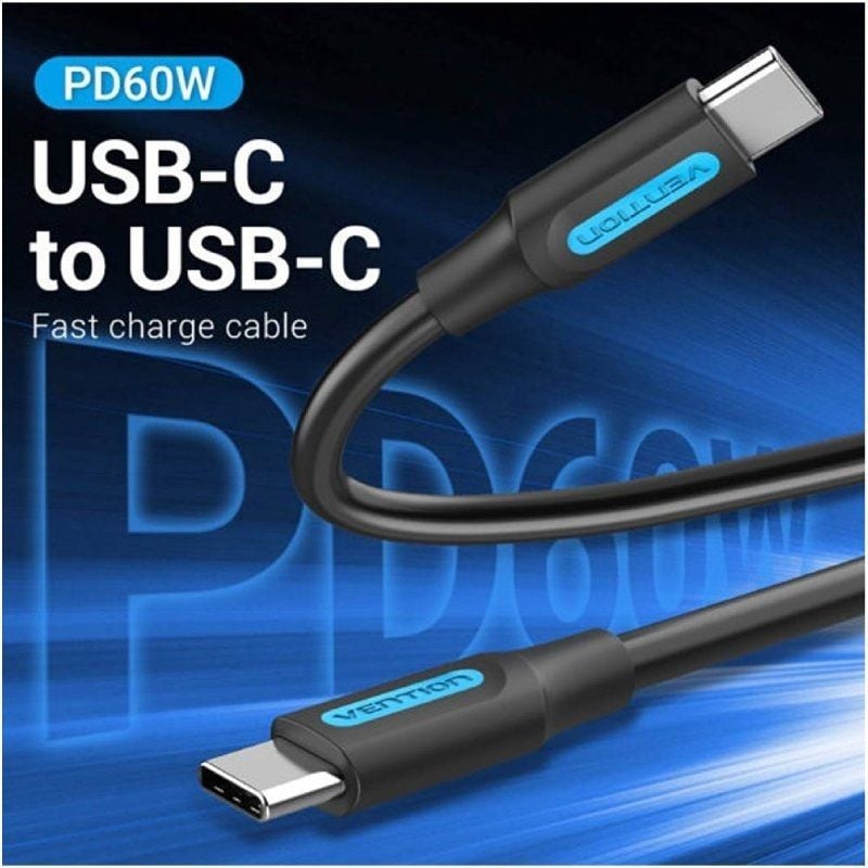 Cable USB 2.0 Tipo-C Vention COSBD/ USB Tipo-C Macho - USB Tipo-C Macho/ Hasta 60W/ 480Mbps/ 50cm/ Negro
