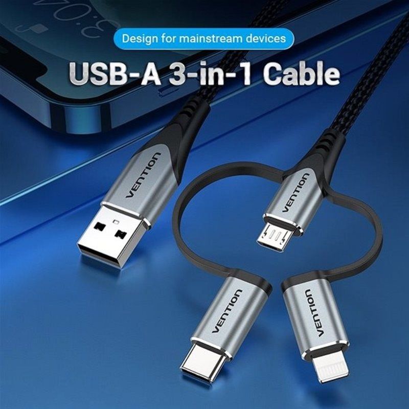 Cable USB 2.0 Tipo-C Vention CQJHF/ USB Macho/ USB Tipo-C Macho - MicroUSB Macho - Lightning Macho/ 480Mbps/ 1m/ Gris