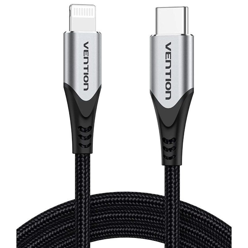 Cable USB 2.0 Tipo-C Lightning Vention TACHH/ USB Tipo-C Macho - Lightning Macho/ Hasta 27W/ 480Mbps/ 2m/ Gris y Negro