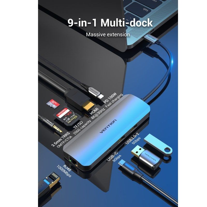 Docking USB Tipo-C Vention TOMHB/ 1xHDMI/ 2xUSB/ 1xUSB Tipo-C/ 1xUSB Tipo-C PD/ 1xRJ45/ 1xLector Tarjetas SD y MicroSD/ Jack 3.5/ Gris