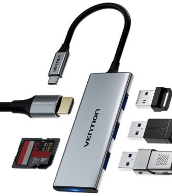 Docking USB Tipo-C Vention TOPHB/ 1xHDMI/ 3xUSB/ 1xLector Tarjetas SD y MicroSD/ Gris