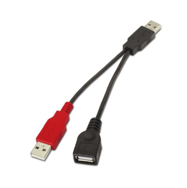 Cable USB 2.0 + Alimentación Aisens A101-0030/ USB Hembra + USB Macho - USB Macho/ Hasta 2.5W/ 60Mbps/ 15cm/ Negro/ Rojo