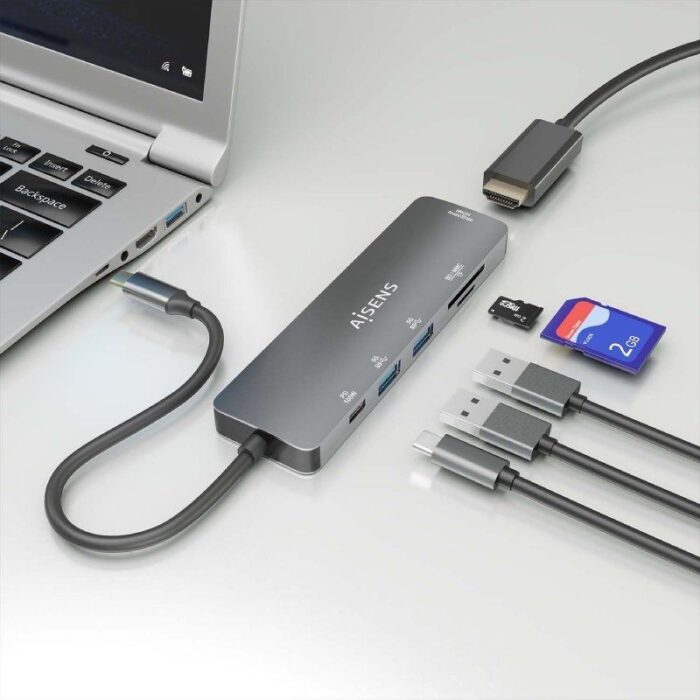 Docking USB Tipo-C Aisens ASUC-6P016-GR/ 1xHDMI/ 2xUSB/ 1xLector Tarjetas/ 1xUSB Tipo-C PD/ Gris
