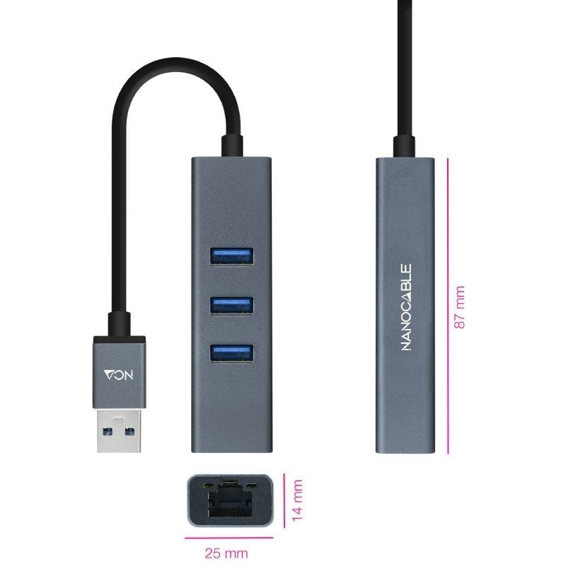 Hub USB 3.0 Nanocable 10.03.0407/ 3xUSB/ 1xRJ45/ Gris
