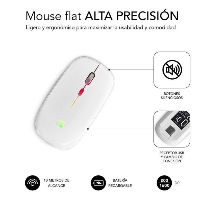 Ratón Inalámbrico por Bluetooth Subblim LED Dual Flat/ Batería recargable/ Hasta 1600 DPI/ Blanco