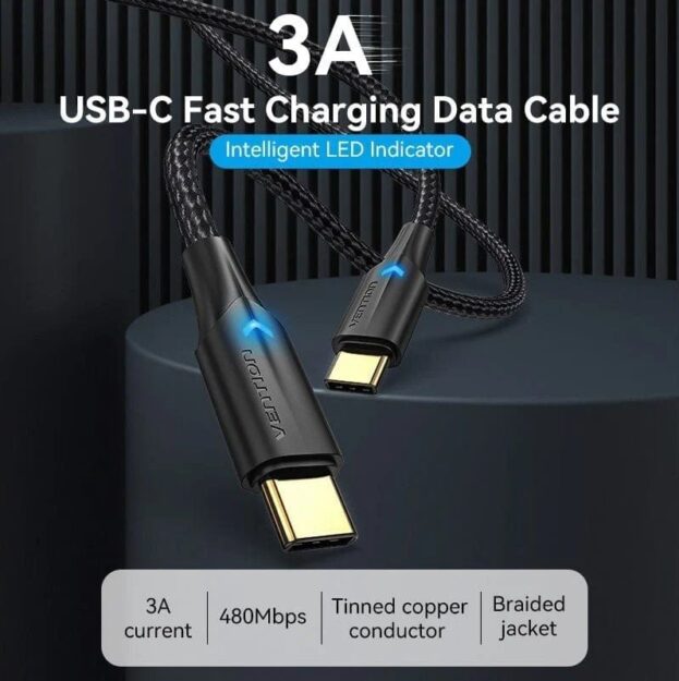 Cable USB 2.0 Tipo-C 3A Vention TAUBF/ USB Tipo-C Macho - USB Tipo-C Macho/ Hasta 60W/ 480Mbps/ 1m/ Negro