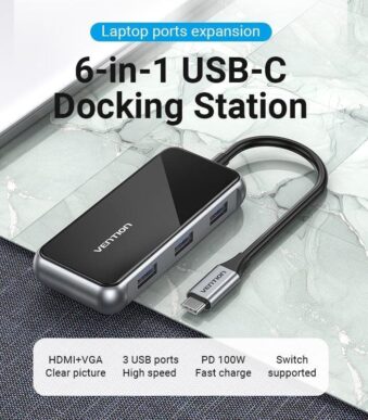 Docking USB Tipo-C Vention TFJHB/ 1xHDMI 4K/ 3xUSB/ 1xVGA/ 1xUSB Tipo-C PD/ Gris