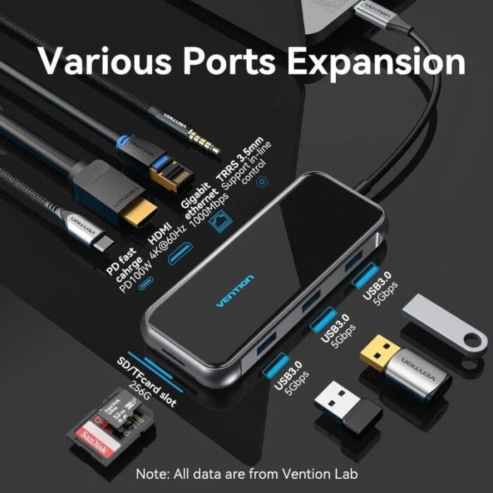 Docking USB Tipo-C Vention TFLHB/ 1xHDMI 4K/ 3xUSB/ 1xRJ45/ 1xLector de Tarjetas/ 1xTRRS 3.5/ 1xUSB Tipo-C PD/ Gris