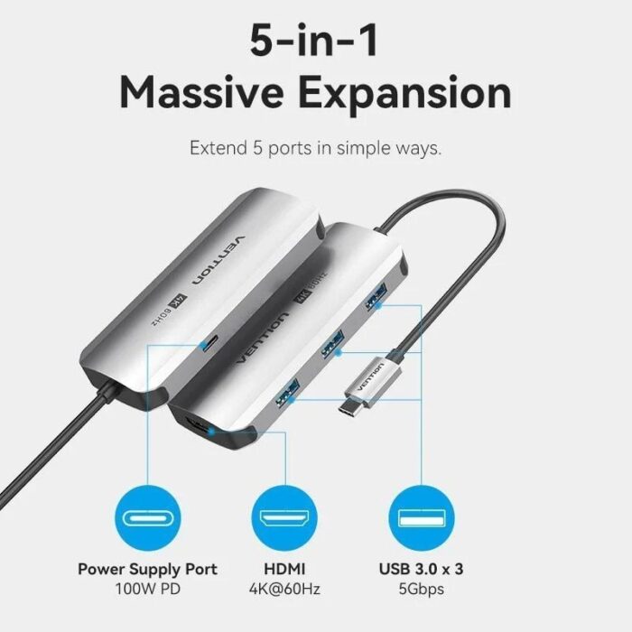 Docking USB Tipo-C Vention TQDHB/ 1xHDMI 4K/ 3xUSB/ 1xUSB Tipo-C PD/ Gris