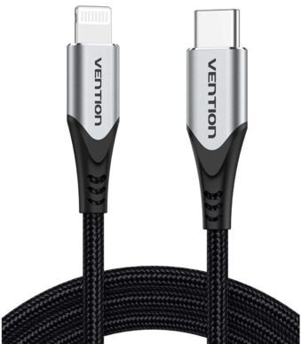 Cable USB 2.0 Tipo-C Lightning Vention TACHH/ USB Tipo-C Macho - Lightning Macho/ Hasta 27W/ 480Mbps/ 2m/ Gris y Negro