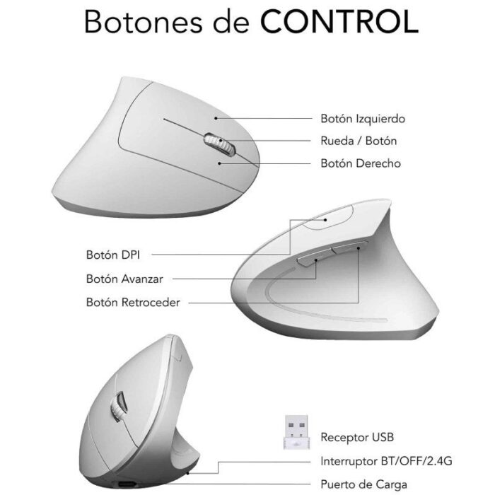 Ratón Ergonómico Inalámbrico por Bluetooth/ 2.4GHz Subblim Glide Vertical Ergo Dual Battery/ Batería Recargable/ Hasta 1600 DPI/ Blanco