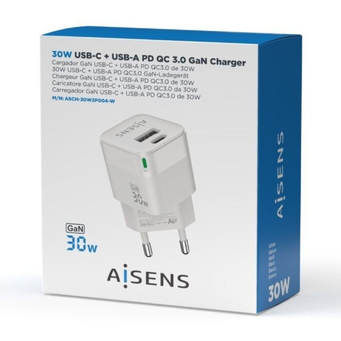 Cargador Gan de Pared Aisens ASCH-30W2P004-W/ 1xUSB Tipo-C/ 1xUSB/ 30W