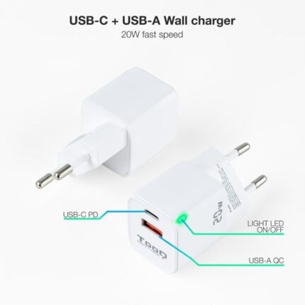 Cargador de Pared TooQ TQWC-QCPD20WT/ 1xUSB-Tipo C/ 1x USB/ 20W/ Blanco