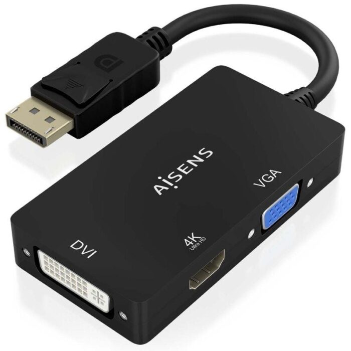 Cable Conversor Aisens A125-0861/ DisplayPort Macho/ VGA Hembra - DVI Hembra - HDMI 4K Hembra/ 15cm/ Negro