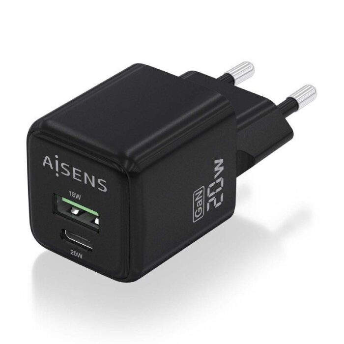 Cargador Gan de Pared Aisens ASCH-20W2P011-BK/ 1xUSB Tipo-C/ 1xUSB/ 20W