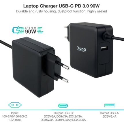 Cargador de Portátil TooQ TQLC-USBC90PD USB Tipo-C/ 90W/ Automático/ Voltaje 5-20V/ 1x USB Tipo-C