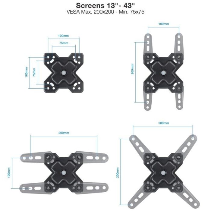 Soporte de Pared Extensible/ Giratorio/ Inclinable TooQ LP1344TN-B para TV de 13-43"/ hasta 20kg