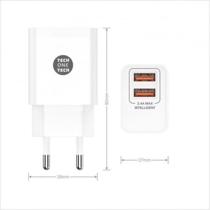 Cargador de Pared Tech One Tech TEC2403/ 2xUSB + Cable USB Tipo-C/ 2.4A/ Blanco