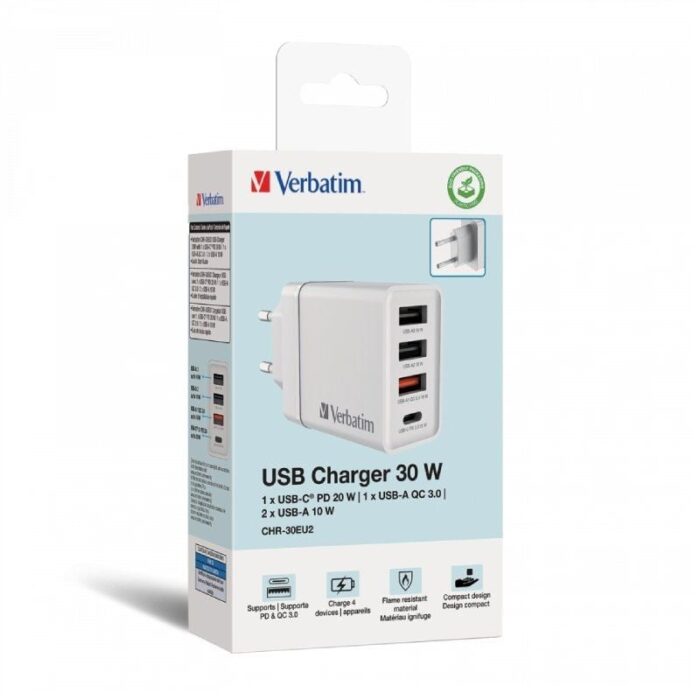 Cargador de Pared Verbatim CHR-30EU2/ 1xUSB Tipo-C/ 3xUSB/ 30W