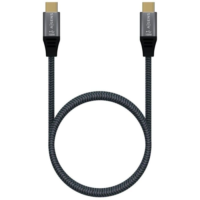 Cable USB 2.0 Tipo-C Aisens A107-0629 5A 100W/ USB Tipo-C Macho - USB Tipo-C Macho/ Hasta 100W/ 60Mbps/ 2m/ Gris