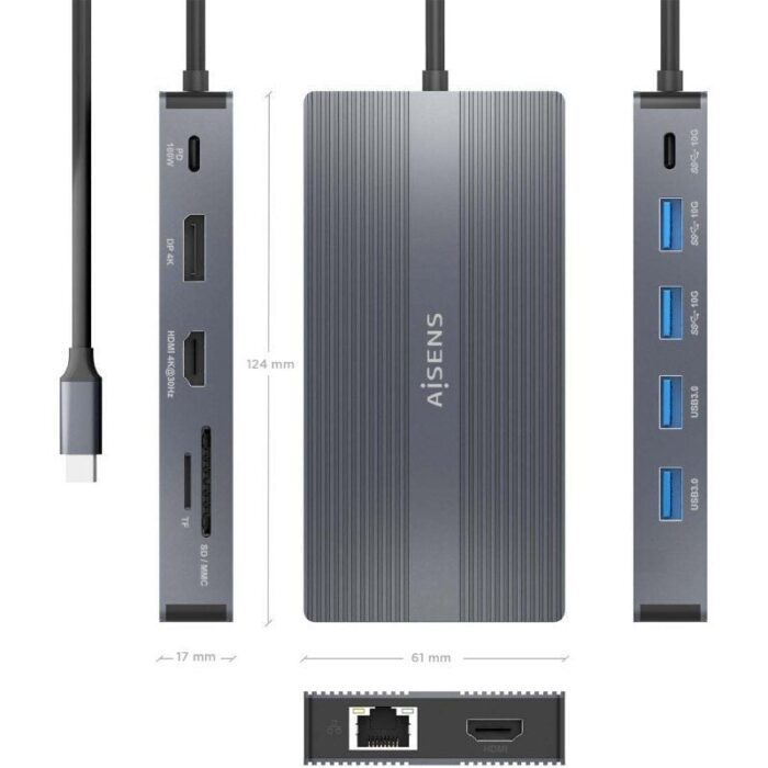 Docking USB Tipo-C Aisens ASUC-12P017-GR/ 2xHDMI/ 4xUSB/ 1xUSB Tipo-C/ 1xRJ45/ 1xDisplayPort/ 1xLector Tarjetas/ 1xUSB Tipo-C PD/ Gris