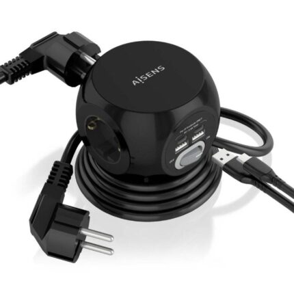 Regleta con Interruptor Aisens ASPS-2A2C05-BK/ 3 Tomas de Corriente/ 2 USB Tipo-C/ 2 USB/ Cable 1.4m/ Negro