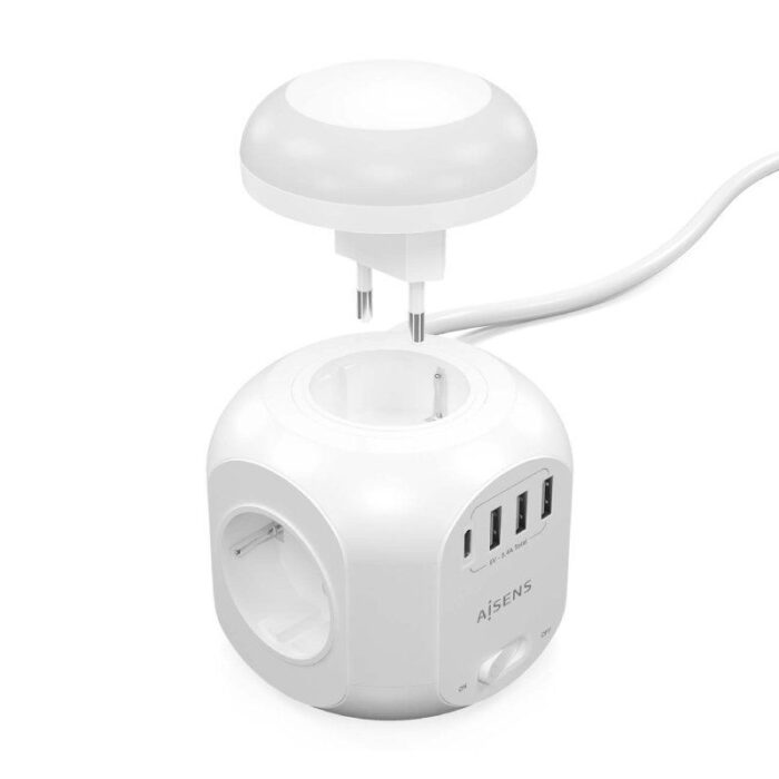 Regleta con Interruptor y Luz Nocturna Aisens ASPS-3A1CL01-W/ 4 Tomas de Corriente/ 1 USB Tipo-C/ 3 USB/ Cable 1.8m/ Blanco