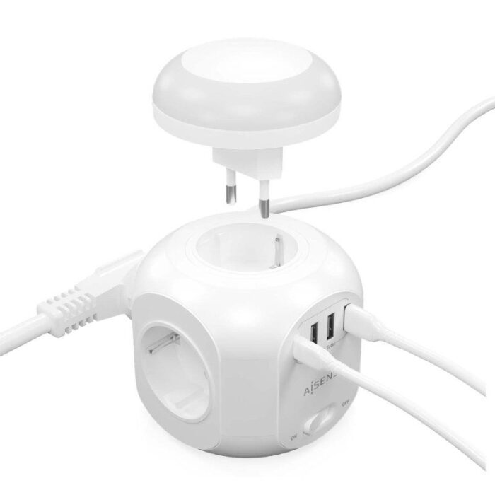 Regleta con Interruptor y Luz Nocturna Aisens ASPS-3A1CL01-W/ 4 Tomas de Corriente/ 1 USB Tipo-C/ 3 USB/ Cable 1.8m/ Blanco