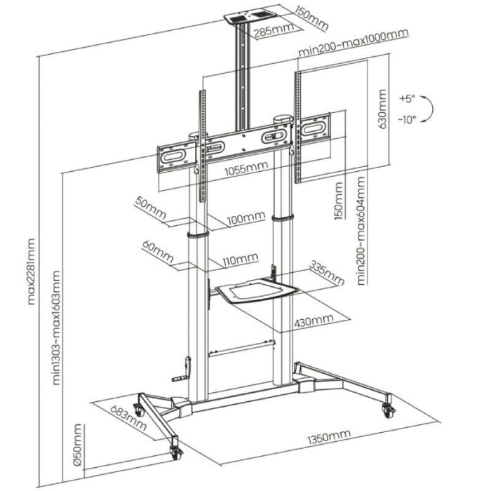 Soporte de Suelo Inclinable con Ruedas y Manivela Aisens FT100TE-171 para TV 60-100"/ hasta 100kg