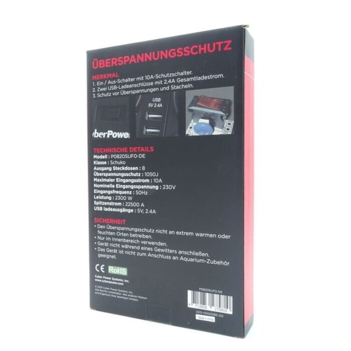 Regleta con Interruptor Cyberpower P0820SUD0-DE/ 8 Tomas de corriente/ 2 USB/ Cable 1.8m/ Negra