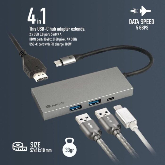 Docking USB Tipo-C NGS WonderDock4 Pro/ 2xUSB/ 1xUSB Tipo-C DP/ 1xHDMI