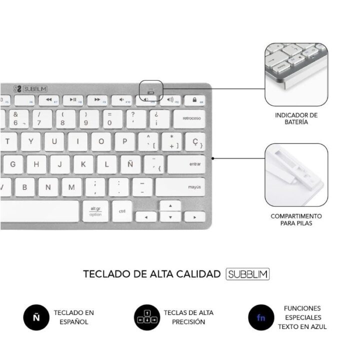 Teclado y Ratón Inalámbrico Subblim OCO010 Combo Multidispositivo Compacto/ Plata