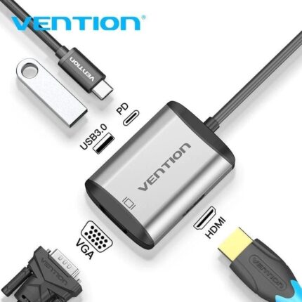 Conversor Vention TFAHB/ 1xUSB/ 1xHDMI/ 1xVGA/ 1xUSB Tipo-C PD/ 15cm/ Gris