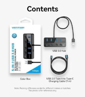 Hub USB 3.0 Vention CHWBF/ 4xUSB/ 1xUSB Tipo-C PD/ Incluye cable Carga USB Macho - USB Tipo-C Macho