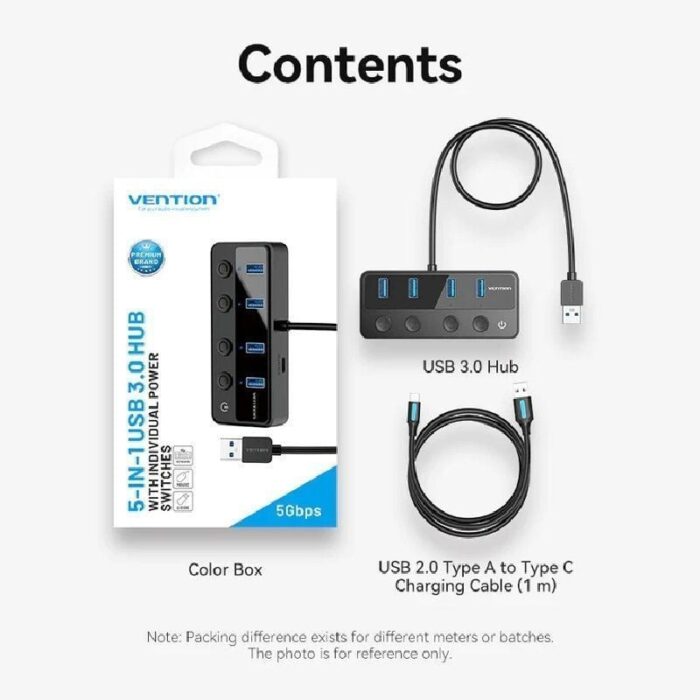 Hub USB 3.0 Vention CHWBF/ 4xUSB/ 1xUSB Tipo-C PD/ Incluye cable Carga USB Macho - USB Tipo-C Macho