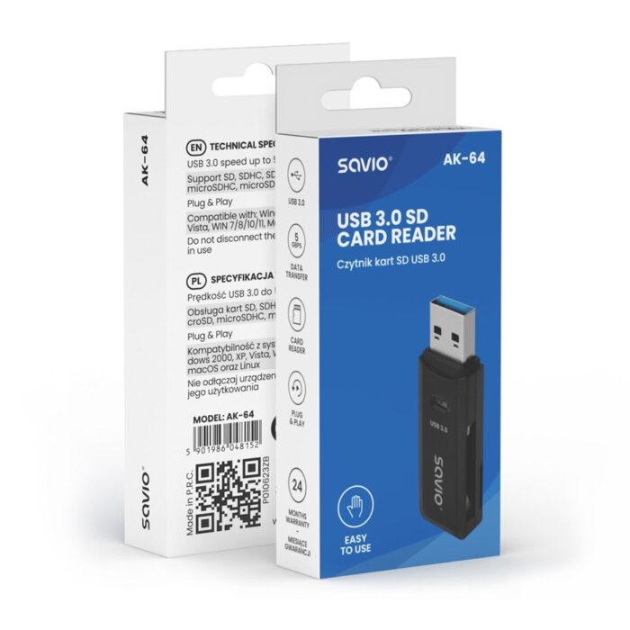 LECTOR DE TARJETAS SD - USB 3.0 NEGRO SAVIO AK-64