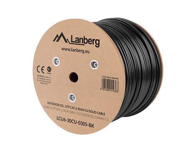 Bobina para exterior lanberg cat.6  utp rj45 cobre gel - filled fluke awg23 305m negro