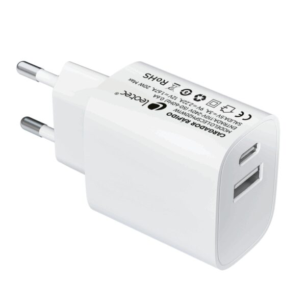 Cargador carga rapida 20w leotec 1 usb tipo - c pd 1 usb - a blanco