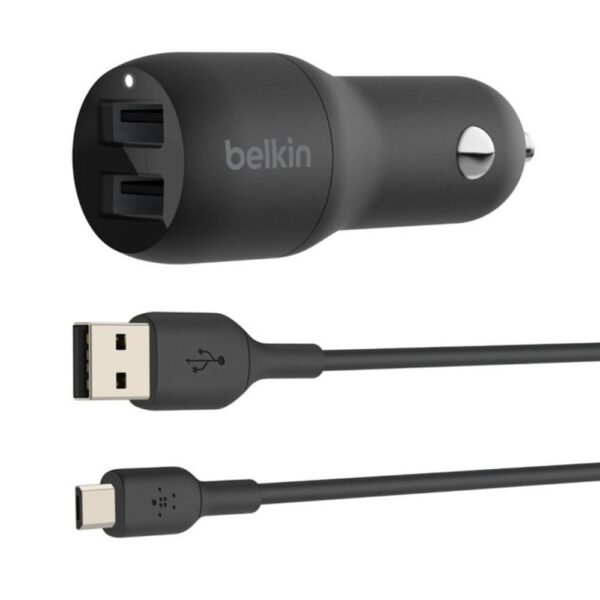 Cargador de coche belkin ccb001btbk 24w 2x usb tipo a + cable usb tipo c a usb tipo a